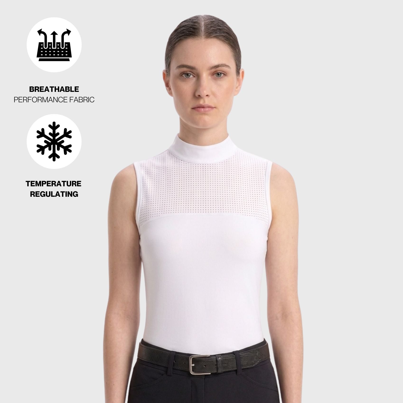 A woman modeling a white sleeveless mock-neck athletic top with a textured mesh yoke, shown against a light gray background with feature icons for breathability and temperature regulation.